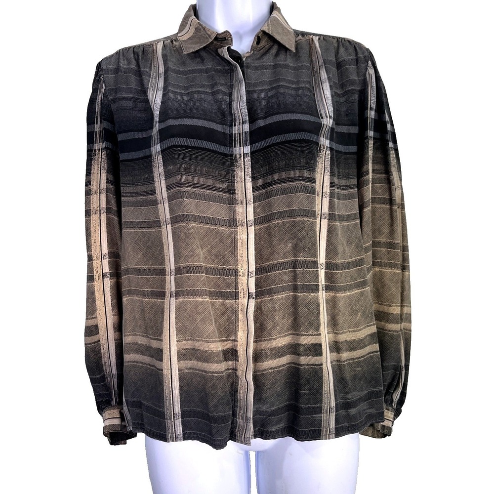 Betty‎ Hanson Silk Blouse Womens 10 Gray Ombre Plaid Vintage Button Long Sleeve